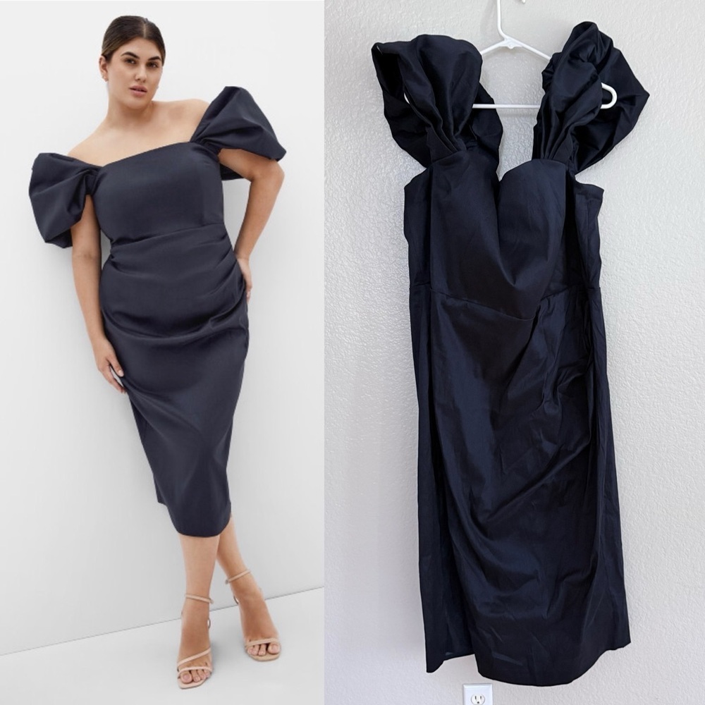 City Chic Plus Size Navy Elyse Off Shoulder Puff Sleeve Midi Dress